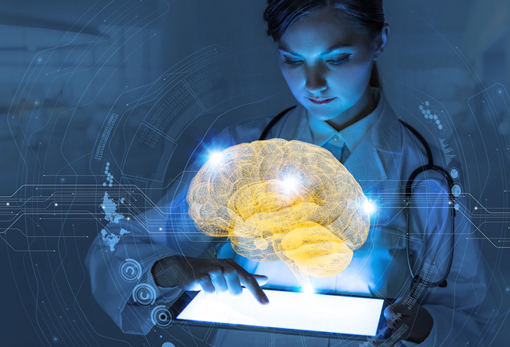 Doctor working on tablet with image of brain rising up