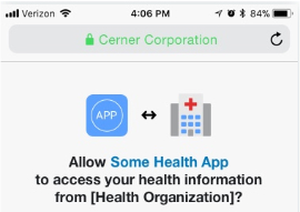 Cerner Corp screen: Allow Some Health App to access your health information permission screen
